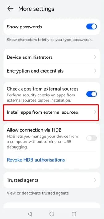 Android settings showing install apps from external sources