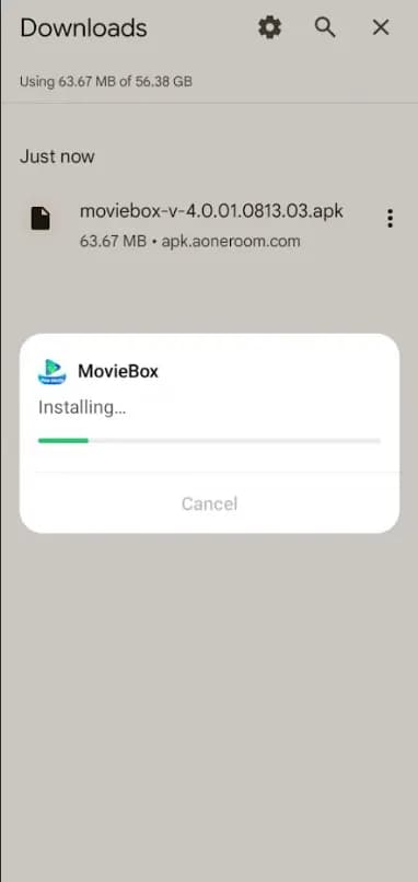 Android downloads page installing the MovieBox APK